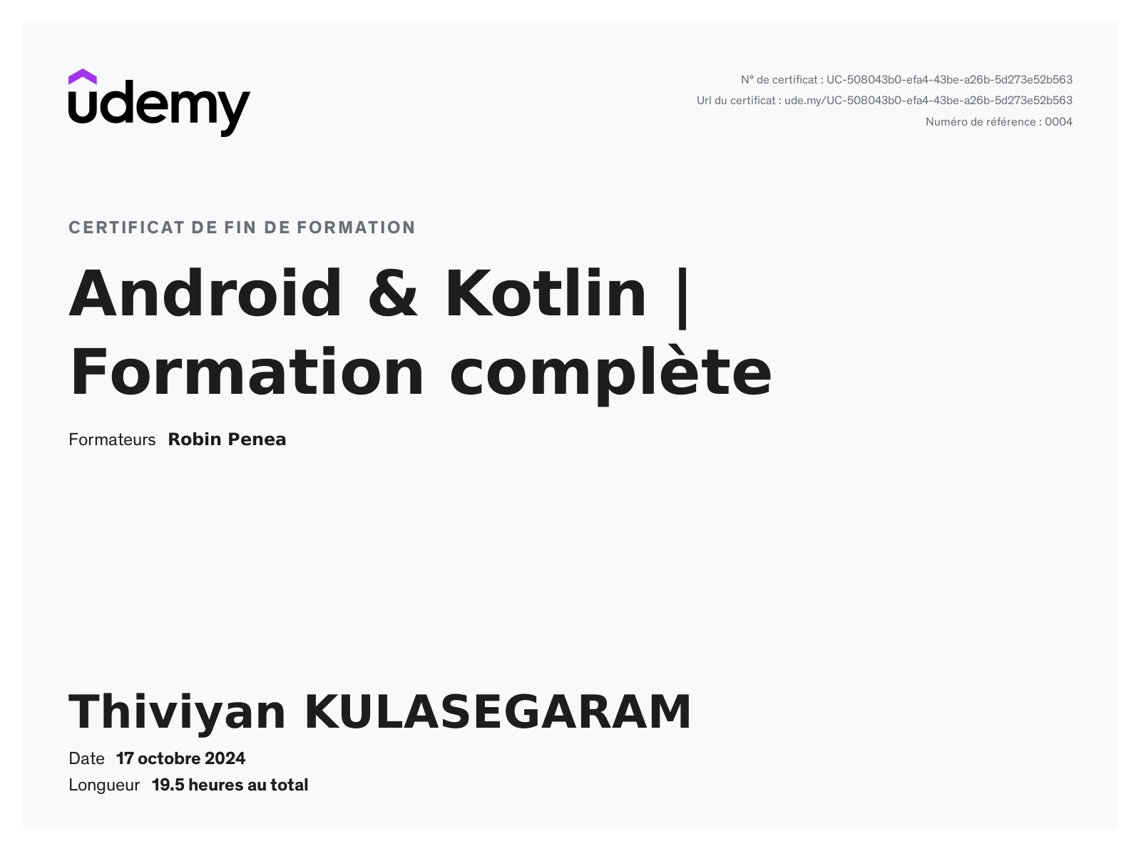 Certificat Developpeur d'application avec Kotlin